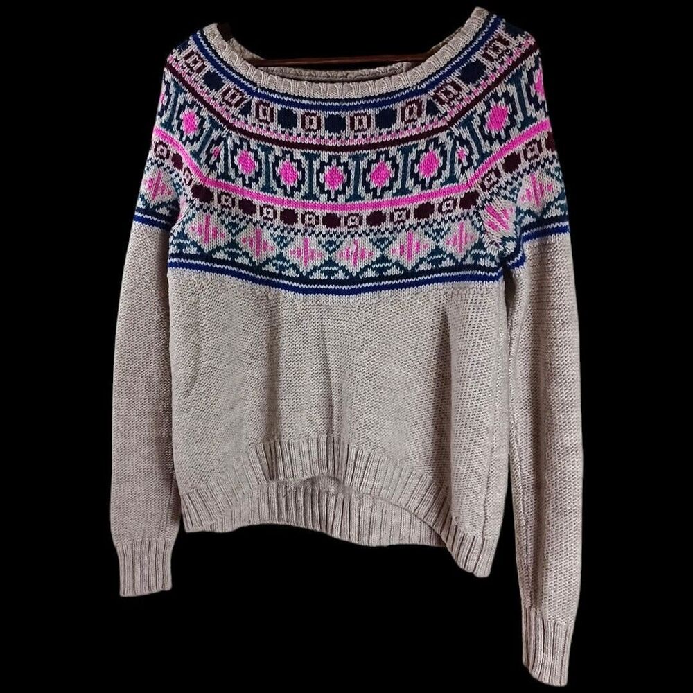 American Eagle M Wool Blend Aztec Fair Isle Sweater Boho Y2K High Low Pullover - Picture 2 of 7